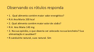 Observando os rótulos responda
• 1. Qual alimento contém maior valor energético?
• R:A Ana Maria 203 kcal
• 2. Qual alimento contém maior valor de sódio?
• R:A Ana Maria 143 mg
• 3. Na sua opinião, o que deveria ser colocado na sua lancheira? Sua
alimentação é saudável?
• R:sanduíche natural, suco natural. Sim
 