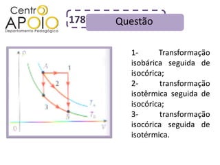 178   Questão

        1-      Transformação
        isobárica seguida de
        isocórica;
        2-      transformação
        isotêrmica seguida de
        isocórica;
        3-      transformação
        isocórica seguida de
        isotérmica.
 