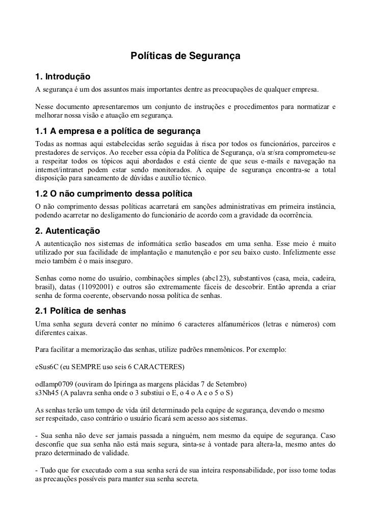 Exemplo de política de segurança Exemplo de política de segurança