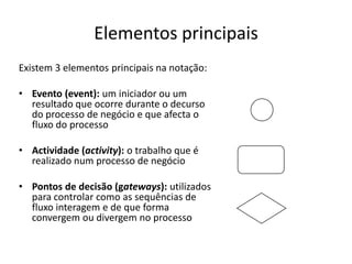 Elementos principais
Existem 3 elementos principais na notação:

• Evento (event): um iniciador ou um
  resultado que ocorre durante o decurso
  do processo de negócio e que afecta o
  fluxo do processo

• Actividade (activity): o trabalho que é
  realizado num processo de negócio

• Pontos de decisão (gateways): utilizados
  para controlar como as sequências de
  fluxo interagem e de que forma
  convergem ou divergem no processo
 