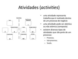 Atividades (activities)
            • uma atividade representa
              trabalho que é realizado dentro
              de um processo de negócio
            • uma atividade pode ser atómica
              ou não atómica (composta)
            • existem diversos tipos de
              atividades que são parte de um
              processo:
                – Processo;
                – Sub-processo;
                – Tarefa.
 