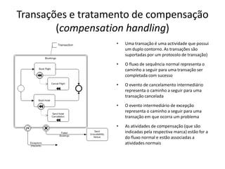 Transações e tratamento de compensação
        (compensation handling)
                   •   Uma transação é uma actividade que possui
                       um duplo contorno. As transações são
                       suportadas por um protocolo de transação)

                   •   O fluxo de sequência normal representa o
                       caminho a seguir para uma transação ser
                       completada com sucesso

                   •   O evento de cancelamento intermediário
                       representa o caminho a seguir para uma
                       transação cancelada
                   •   O evento intermediário de excepção
                       representa o caminho a seguir para uma
                       transação em que ocorra um problema

                   •   As atividades de compensação (que são
                       indicadas pela respectiva marca) estão for a
                       do fluxo normal e estão associadas a
                       atividades normais
 
