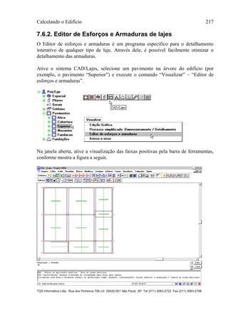 Calculando o Edifício 217
TQS Informática Ltda. Rua dos Pinheiros 706 c/2 05422-001 São Paulo SP Tel (011) 3083-2722 Fax (011) 3083-2798
7.6.2. Editor de Esforços e Armaduras de lajes
O Editor de esforços e armaduras é um programa específico para o detalhamento
interativo de qualquer tipo de laje. Através dele, é possível facilmente otimizar o
detalhamento das armaduras.
Ative o sistema CAD/Lajes, selecione um pavimento na árvore do edifício (por
exemplo, o pavimento “Superior”) e execute o comando “Visualizar” – “Editor de
esforços e armaduras”.
Na janela aberta, ative a visualização das faixas positivas pela barra de ferramentas,
conforme mostra a figura a seguir.
 