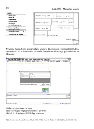 CAD/TQS – Manual do usuário
TQS Informática Ltda. Rua dos Pinheiros 706 c/2 05422-001 São Paulo SP Tel (0xx11) 3083-2722 Fax (0xx11) 3083-2798
258
Notem na figura abaixo que será aberto um novo desenho com o nome cr100001.dwg,
esse desenho é a nossa moldura e carimbo baseados no Fl-a0.dwg, que será usado na
plotagem.
(1) Preenchimento do carimbo.
(2) Confirmação do preenchimento do carimbo.
(3) Sair do desenho cr100001.dwg salvando-o.
 