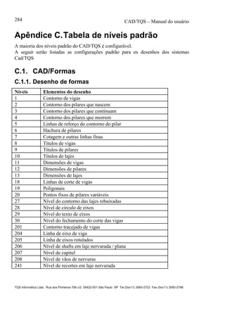 CAD/TQS – Manual do usuário
TQS Informática Ltda. Rua dos Pinheiros 706 c/2 05422-001 São Paulo SP Tel (0xx11) 3083-2722 Fax (0xx11) 3083-2798
284
Apêndice C.Tabela de níveis padrão
A maioria dos níveis padrão do CAD/TQS é configurável.
A seguir serão listadas as configurações padrão para os desenhos dos sistemas
Cad/TQS
C.1. CAD/Formas
C.1.1. Desenho de formas
Níveis Elementos do desenho
1 Contorno de vigas
2 Contorno dos pilares que nascem
3 Contorno dos pilares que continuam
4 Contorno dos pilares que morrem
5 Linhas de reforço do contorno do pilar
6 Hachura de pilares
7 Cotagem e outras linhas finas
8 Títulos de vigas
9 Títulos de pilares
10 Títulos de lajes
11 Dimensões de vigas
12 Dimensões de pilares
13 Dimensões de lajes
18 Linhas de corte de vigas
19 Poligonais
20 Pontos fixos de pilares variáveis
27 Nível do contorno das lajes rebaixadas
28 Nível de circulo de eixos
29 Nível do texto de eixos
30 Nível do fechamento do corte das vigas
201 Contorno tracejado de vigas
204 Linha de eixo de viga
205 Linha de eixos rotulados
206 Nível de shafts em laje nervurada / plana
207 Nível de capitel
208 Nível de vãos de nervuras
241 Nível de recortes em laje nervurada
 
