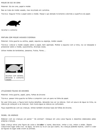 MOLDE DE GIZ DE CERA
Material: Giz de c era, papel e molde
Nao se trata de molde vasado, mas rec ortado em c artolina.
T éc nic a: Segurar firme o papel sobre o molde. Passar o giz deitado livremente c olorindo a superfic ie do papel.
rec ortar o c ontorno
PINT URA COM MOLDE VASADO E ESPONJA
Material: tinta guac he ou anilina, papel, espuma ou esponja, molde vasado
T éc nic a: c oloc ar o molde vasado sobre o papel, bem apertado. Molhar a espuma c om a tinta, na c or desejada e
pressionar sobre o molde, suavemente, diversas vezes.
Utilize moldes de borboletas, passaros, frutos, flores...
rec ortar c om estilete,
deixando o c ontorno
vasado
UTILIZANDO FOLHAS DE ARVORES
Material: tinta guac he, papel, pano, folhas de árvores
T öc nic a: passar tinta guac he na folha e c omprimir c om um pano na folha de papel.
Se usar tinta pura, a figura terá muitos detalhes, deixando- nos ver os relevos. Com um pouc o de água na tinta, os
relevos já c omeç am a se misturar. Com muita água os relevos se c onfundem.
Faç a experiênc ias c om as c rianç as. Utilize também diversos tipos de folhas de árvores.
PAINEL: OS ANIMAIS
Elaborar c om as c rianç as um painel “ Os animais”. Coloque em uma c aixa figuras e desenhos elaborados pelas
próprias c rianç as.
Cada c rianç a retira uma figura da c aixa e deverá:dizer o nome, desc rever, imitar a voz, imitar o andar. Depois
c oloc á- lono lugar onde vive: na água, na terra ou no ar (os que voam). As c rianç as poderão ilustrar, c olorir e c olar
as figuras no lugar onde vivem os animais.
 