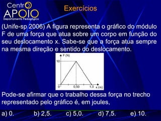 Exercícios

(Unife-sp 2006) A figura representa o gráfico do módulo
F de uma força que atua sobre um corpo em função do
seu deslocamento x. Sabe-se que a força atua sempre
na mesma direção e sentido do deslocamento.




Pode-se afirmar que o trabalho dessa força no trecho
representado pelo gráfico é, em joules,
a) 0.      b) 2,5.    c) 5,0.      d) 7,5.   e) 10.
 