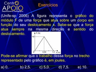 Exercícios

(Unife-sp 2006) A figura representa o gráfico do
módulo F de uma força que atua sobre um corpo em
função do seu deslocamento x. Sabe-se que a força
atua sempre na mesma direção e sentido do
deslocamento.




Pode-se afirmar que o trabalho dessa força no trecho
representado pelo gráfico é, em joules,
a) 0.      b) 2,5.    c) 5,0.     d) 7,5.    e) 10.
 