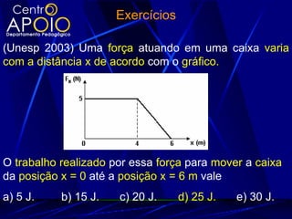 Exercícios

(Unesp 2003) Uma força atuando em uma caixa varia
com a distância x de acordo com o gráfico.




O trabalho realizado por essa força para mover a caixa
da posição x = 0 até a posição x = 6 m vale
a) 5 J.    b) 15 J.   c) 20 J.     d) 25 J.   e) 30 J.
 