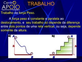TRABALHO
Trabalho da força Peso.
      A força peso é constante e paralela ao
deslocamento, e seu trabalho só depende da diferença
entre dois pontos de uma reta vertical, ou seja, depende
somente da altura.
 