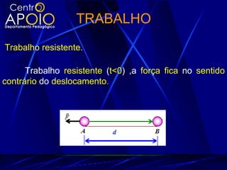 TRABALHO
Trabalho resistente.

      Trabalho resistente (t<0) ,a força fica no sentido
contrário do deslocamento.
 