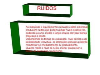 RUÍDOS

As máquinas e equipamentos utilizados pelas empresas 
produzem ruídos que podem atingir níveis excessivos, 
podendo a curto, médio e longo prazos provocar sérios 
prejuízos à saúde. 
Dependendo do tempo de exposição, nível sonoro e da 
sensibilidade individual, as alterações danosas poderão 
manifestar-se imediatamente ou gradualmente. 
Quanto maior o nível de ruído, menor deverá ser o 
tempo de exposição ocupacional. 

 