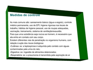 Medidas de controle
As mais comuns são: saneamento básico (água e esgoto), controle
médico permanente, uso de EPI, higiene rigorosa nos locais de
trabalho, hábitos de higiene pessoal, uso de roupas adequadas,
vacinação, treinamento, sistema de ventilação/exaustão.
Para que uma substância seja nociva ao homem, é necessário que
ela entre em contato com seu corpo.
Existem diferentes vias de penetração no organismo humano, com
relação à ação dos riscos biológicos:
-Cutânea: ex: a leptospirose é adquirida pelo contato com águas
contaminadas pela urina do rato;
-Digestiva: ex: ingestão de alimentos deteriorados;
-Respiratória: ex: a pneumonia é transmitida pela aspiração de ar
contaminado.

 