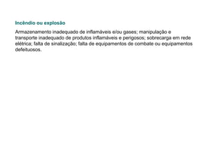 Incêndio ou explosão
Armazenamento inadequado de inflamáveis e/ou gases; manipulação e
transporte inadequado de produtos inflamáveis e perigosos; sobrecarga em rede
elétrica; falta de sinalização; falta de equipamentos de combate ou equipamentos
defeituosos.

 
