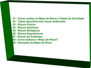 01 - Cores usadas no Mapa de Risco e Tabela de Gravidade
02 - Tabela descritiva dos riscos ambientais
03 - Riscos Físicos
04 - Riscos Químicos
05 - Riscos Biológicos
06 - Riscos Ergonômicos
07 - Riscos de Acidentes
08 - Como elaborar o Mapa de Risco?
09 - Exemplos de Mapa de Risco

 