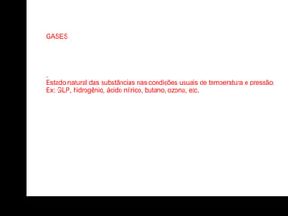 GASES Estado natural das substâncias nas condições usuais de temperatura e pressão. Ex: GLP, hidrogênio, ácido nítrico, butano, ozona, etc.  