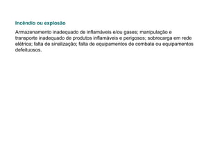 Incêndio ou explosão   Armazenamento inadequado de inflamáveis e/ou gases; manipulação e transporte inadequado de produtos inflamáveis e perigosos; sobrecarga em rede elétrica; falta de sinalização; falta de equipamentos de combate ou equipamentos defeituosos.   