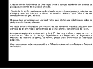 A idéia é que os funcionários de uma seção façam a seleção apontando aos cipeiros os principais problemas da respectiva unidade. Na planta da seção, exatamente no local onde se encontra o risco (uma máquina, por exemplo) deve ser colocado o círculo no tamanho avaliado pela CIPA e na cor correspondente ao grau de risco.  O mapa deve ser colocado em um local visível para alertar aos trabalhadores sobre os perigos existentes naquela área.  Os riscos serão simbolizados por círculos de três tamanhos distintos: pequeno, com diâmetro de 2,5 cm; médio, com diâmetro de 5 cm; e grande, com diâmetro de 10 cm.  A empresa receberá o levantamento e terá 30 dias para analisar e negociar com os membros da CIPA ou do Serviço Especializado em Engenharia de Segurança e Medicina do Trabalho (SESMT), se houver, prazos para providenciar as alterações propostas.  Caso estes prazos sejam descumpridos, a CIPA deverá comunicar a Delegacia Regional do Trabalho. 