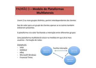 PADRÃO	
  3	
  –	
  Modelo	
  de	
  Plataformas	
  	
   	
  
	
   	
   	
   	
   	
  MulIlaterais	
  
Unem	
  2	
  ou	
  mais	
  grupos	
  disRntos,	
  porém	
  interdependentes	
  de	
  clientes	
  
	
  
Sao	
  de	
  valor	
  para	
  um	
  grupo	
  de	
  clientes	
  apenas	
  se	
  os	
  outros	
  também	
  
esRverem	
  presentes	
  
	
  
A	
  plataforma	
  cria	
  valor	
  facilitando	
  a	
  interação	
  entre	
  diferentes	
  grupos	
  
	
  
Uma	
  plataforma	
  mulRlateral	
  cresce	
  na	
  medida	
  em	
  que	
  atrai	
  mais	
  
usuários	
  –	
  formação	
  de	
  redes	
  
	
  
EXEMPLOS:	
  
-­‐  VISA	
  
-­‐  GOOGLE	
  
-­‐  eBay	
  
-­‐  Microsos	
  Windows	
  
-­‐  Financial	
  Times	
  
Segmento	
  
clientes	
  A	
  
Segmento
Clientes	
  B	
  
Facilita	
  interação	
  
Segmento
Clientes	
  n	
  
 