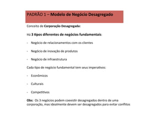 PADRÃO	
  1	
  –	
  Modelo	
  de	
  Negócio	
  Desagregado	
  
	
  
Conceito	
  de	
  Corporação	
  Desagregada:	
  
	
  
Há	
  3	
  Ipos	
  diferentes	
  de	
  negócios	
  fundamentais:	
  
	
  
-­‐  Negócio	
  de	
  relacionamentos	
  com	
  os	
  clientes	
  
-­‐  Negócio	
  de	
  inovação	
  de	
  produtos	
  
-­‐  Negócio	
  de	
  infraestrutura	
  
Cada	
  Rpo	
  de	
  negócio	
  fundamental	
  tem	
  seus	
  imperaRvos:	
  
	
  
-­‐  Econômicos	
  
-­‐  Culturais	
  
	
  
-­‐  CompeRRvos	
  
	
  
Obs:	
  	
  Os	
  3	
  negócios	
  podem	
  coexisRr	
  desagregados	
  dentro	
  de	
  uma	
  
corporação,	
  mas	
  idealmente	
  devem	
  ser	
  desagregados	
  para	
  evitar	
  conﬂitos	
  
 
