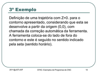 2011@JST/JOF CFAC: Exemplos de Programas de CNC 10
3º Exemplo
Definição de uma trajetória com Z=0. para o
contorno apresentado, considerando que esta se
desenvolve a partir da origem (0,0), com
chamada da correção automática da ferramenta.
A ferramenta coloca-se do lado de fora do
contorno e este é seguido no sentido indicado
pela seta (sentido horário).
 