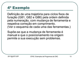 2011@JST/JOF CFAC: Exemplos de Programas de CNC 13
4º Exemplo
Definição de uma trajetória para ciclos fixos de
furação (G81, G82 e G86) pela ordem definida
pela numeração, com mudança de ferramenta e
respetiva correção em comprimento.
(Ver o esquema de cada uma das ferramentas.)
Supõe-se que a mudança de ferramenta é
manual e que o posicionamento na origem
permite a sua execução sem problemas.
 