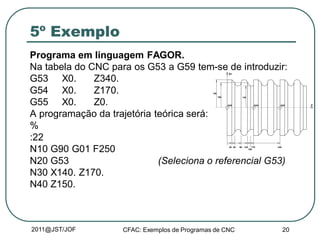 2011@JST/JOF CFAC: Exemplos de Programas de CNC 20
5º Exemplo
Programa em linguagem FAGOR.
Na tabela do CNC para os G53 a G59 tem-se de introduzir:
G53 X0. Z340.
G54 X0. Z170.
G55 X0. Z0.
A programação da trajetória teórica será:
%
:22
N10 G90 G01 F250
N20 G53 (Seleciona o referencial G53)
N30 X140. Z170.
N40 Z150.
Z
X+
G55 G54 G53
30 50 90 130 170 340
150
140160
180
 