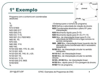 2011@JST/JOF CFAC: Exemplos de Programas de CNC 4
1º Exemplo
Programa com o contorno em coordenadas
absolutas:
%
:22
N10 S1800
N20 G90 G17
N30 G00 Z10.
N40 X-9. Y-15.
N50 G01 Z-5. F600 M03
N60 X0. Y0.
N70 X30.
N80 X90. Y10.
N90 Y40.
N100 G02 X60. Y70. I0. J30.
N110 G01 X25.
N120 G03 X0. Y45. I0. J-25.
N130 G01 Y0.
N140 X-9. Y-15.
N150 G00 Z10. M05
N160 M30
%
: Endereço para o número do programa;
N10 Define a velocidade de rotação da árvore;
N20 Coordenadas absolutas e plano XY para
interpolação;
N30 Movimento rápido para Z=10;
N40 Movimento rápido para X=-9 e Y=-15;
N50 Mov. de interpolação linear para Z=-5 à
velocidade de 600mm/min e liga a árvore no
sentido retrógrado;
N60...N90 Mov. interpolação linear (quando não há
alteração duma coordenada não é necessário
designá-la);
N100 Mov. de interpolação circular no sentido
retrógrado;
N110 Mov. de interpolação linear;
N120 Mov. de interpolação circular no sentido
directo;
N130 e N140 Mov. de interpolação linear;
N150 Mov. rápido para Z=10 e paragem da árvore;
N160 Fim do programa.
P0
P1=P8
P2
P3
P4
P5
P6
P7 Centro2
Centro1
 