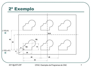 2011@JST/JOF CFAC: Exemplos de Programas de CNC 7
2º Exemplo
20
15
R8
R6
35
45
40
55
40
8
6
(0,0)
A
(-103,4)
(-103,-41)
 