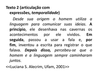 Texto 2 (articulação com
  expressões, temporalidade)
     Desde sua origem o homem utiliza a
  linguagem para comunicar suas ideias. A
  princípio, ele desenhava nas cavernas os
  acontecimentos por ele vividos. Em
  seguida, passou a usar a fala e, por
  fim, inventou a escrita para registrar o que
  falava. Depois disso, percebeu-se que o
  homem e a linguagem sempre caminharam
  juntos.
<<Luciana S. Alecrim, Ufam, 2001>>
 