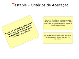 Testable – Critérios de Aceitação


                                      Somente deverão ser exibidos o saldo
                                     atual, estoque mínimo e o nome do local
                                e
                           ria d    de estoque de referentes ao um código de
                       osta um                  produto pesquisado
                   r, g de ra
                edo que      a
           vend sto uto p
        m r o e prod ente
    o u lta do
  m su                 cli
Co on        na     m
   c     rmi er a u
      ete ferc
     d o
                                    Local de estoque com o saldo abaixo do
                                      nível de pedido, devem aparecer em
                                                   vermelho.
 