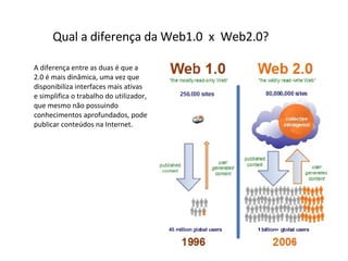 A diferença entre as duas é que a 2.0 é mais dinâmica, uma vez que disponibiliza interfaces mais ativas e simplifica o trabalho do utilizador, que mesmo não possuindo conhecimentos aprofundados, pode publicar conteúdos na Internet. Qual a diferença da Web1.0  x  Web2.0? 