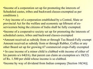 Income of a corporation set up for promoting the interests of Scheduled castes, tribes and backward classes-exempted as per conditions ). Any income of a corporation established by a Central, Slate or provincial Act for the welfare and economic up liftrnent of ex-servicemen being the citizens of India shall be fully exempted.  Income of a cooperative society set up for promoting the interests of scheduled castes, tribes and backward classes-exempted  Amount received as subsidy from or through Tea Board-Fully exempt Amount received as subsidy from or through Rubber, Coffee or any other Board set up for growing 67 commercial crops-Fully exempted In case income of a minor child is clubbed with income of either of his parents u/s 64(IA), that parent can claim an exemption u/s 10(32) of Rs. 1.500 per child whose income is so clubbed. Income by way of dividend from Indian company [Section 10(34)]. 