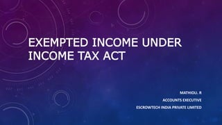 EXEMPTED INCOME UNDER
INCOME TAX ACT
MATHIOLI. R
ACCOUNTS EXECUTIVE
ESCROWTECH INDIA PRIVATE LIMITED
 