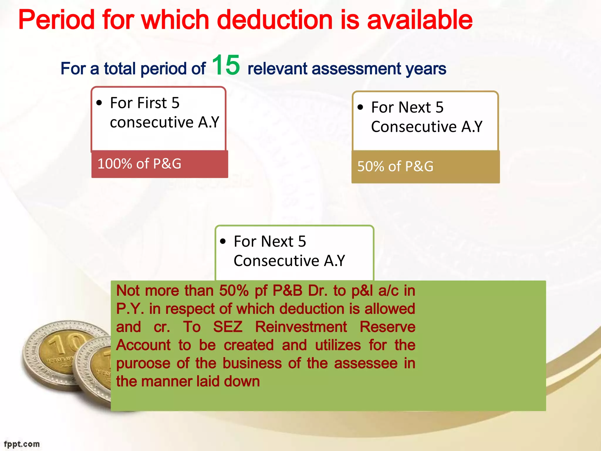 Period for which deduction is available
For a total period of 15 relevant assessment years
• For First 5
consecutive A.Y
100% of P&G
• For Next 5
Consecutive A.Y
50% of P&G
• For Next 5
Consecutive A.Y
Not more than 50% pf P&B Dr. to p&l a/c in
P.Y. in respect of which deduction is allowed
and cr. To SEZ Reinvestment Reserve
Account to be created and utilizes for the
puroose of the business of the assessee in
the manner laid down
 