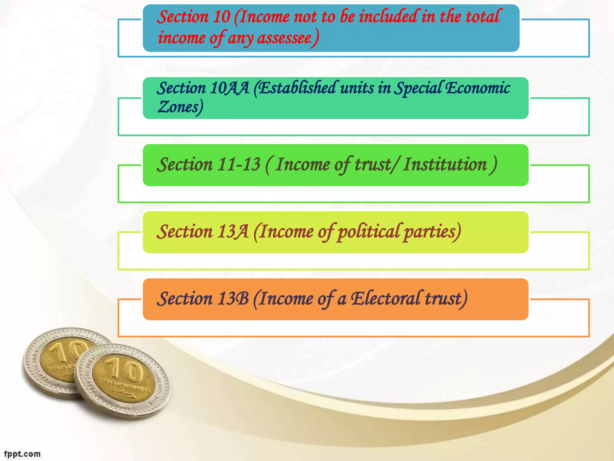 Section 10 (Income not to be included in the total
income of any assessee.)
Section 10AA (Established units in Special Economic
Zones)
Section 11-13 ( Income of trust/ Institution )
Section 13A (Income of political parties)
Section 13B (Income of a Electoral trust)
 
