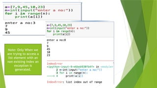Note: Only When we
are trying to access a
list element with an
non existing index an
exception is
generated.
 