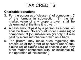 TAX CREDITS
Charitable donations
3. For the purposes of clause (a) of component C
of the formula in sub-section (2), the fair
market value of any property given shall be
determined at the time it is given.
4. A cash amount paid by a person as a donation
shall be taken into account under clause (a) of
component C [of] sub-section (2) only if it was
paid by a crossed cheque drawn on a bank.
5. The [Board] may make rules regulating the
procedure of the grant of approval under subclause (c) of clause (36) of section 2 and any
other matter connected with, or incidental to,
the operation of this section.]

 
