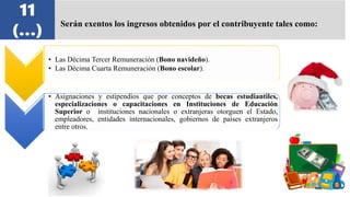• Las Décima Tercer Remuneración (Bono navideño).
• Las Décima Cuarta Remuneración (Bono escolar).
• Asignaciones y estipendios que por conceptos de becas estudiantiles,
especializaciones o capacitaciones en Instituciones de Educación
Superior o instituciones nacionales o extranjeras otorguen el Estado,
empleadores, entidades internacionales, gobiernos de países extranjeros
entre otros.
11
(…)
Serán exentos los ingresos obtenidos por el contribuyente tales como:
 