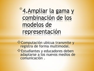 *4.Ampliar la gama y 
combinación de los 
modelos de 
representación 
Computación ubicua transmite y 
registra de forma multimodal. 
Estudiantes y educadores deben 
adaptarse a los nuevos medios de 
comunicación . 
 