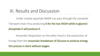 III. Results and Discussion
Under malate aspartate NADH can pass through the complete
Transport chain thus producing 6 for the two NADH while in glycerol
phosphate it will produce 4.
Anaerobic Respiration on the other hand is the production of
Energy from the enzymatic breakdown of Glucose to produce energy
this process is done without oxygen.
 