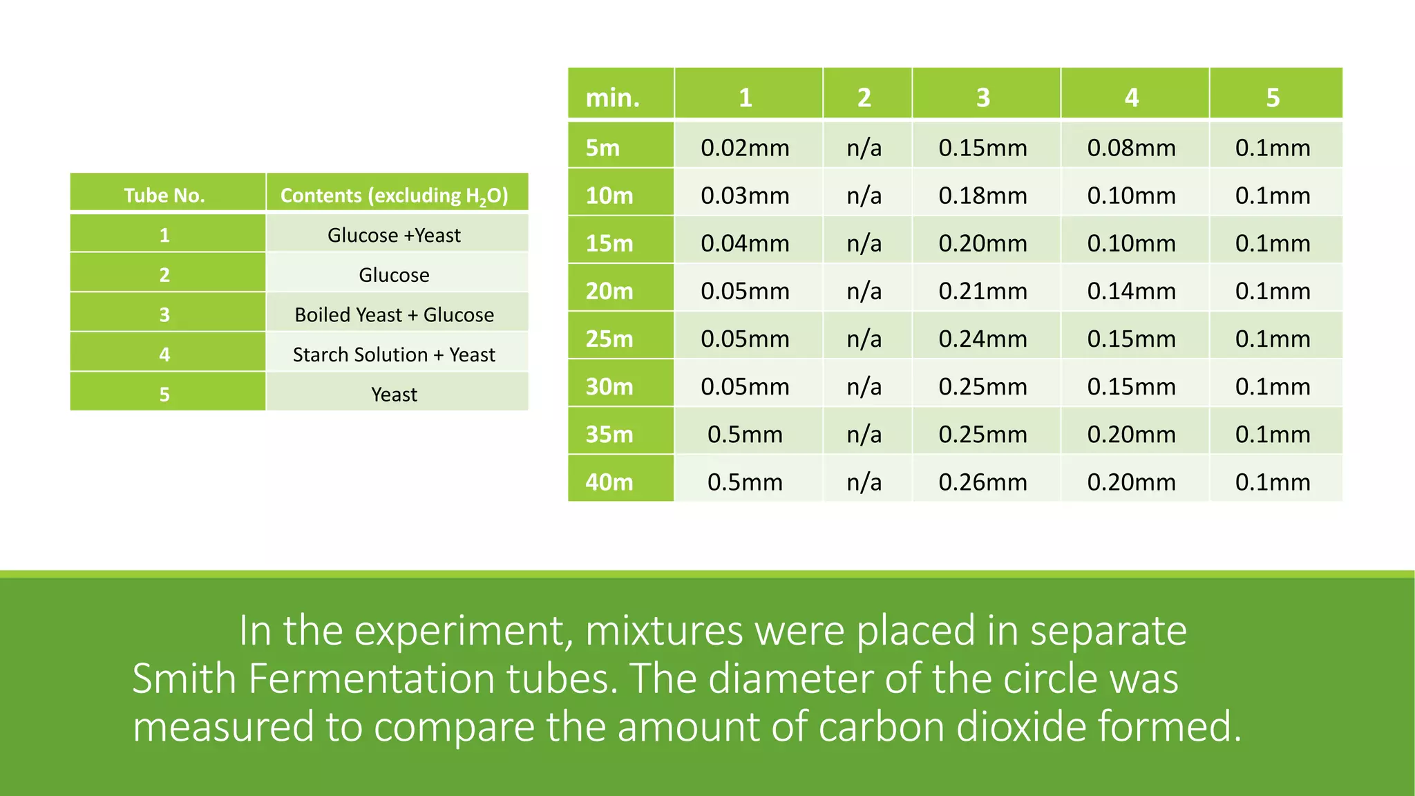 min.     1      2       3        4        5
                                      5m     0.02mm   n/a   0.15mm   0.08mm   0.1mm
Tube No.   Contents (excluding H2O)   10m    0.03mm   n/a   0.18mm   0.10mm   0.1mm
   1           Glucose +Yeast         15m    0.04mm   n/a   0.20mm   0.10mm   0.1mm
   2               Glucose
                                      20m    0.05mm   n/a   0.21mm   0.14mm   0.1mm
   3        Boiled Yeast + Glucose
                                      25m    0.05mm   n/a   0.24mm   0.15mm   0.1mm
   4        Starch Solution + Yeast
   5                Yeast             30m    0.05mm   n/a   0.25mm   0.15mm   0.1mm
                                      35m    0.5mm    n/a   0.25mm   0.20mm   0.1mm
                                      40m    0.5mm    n/a   0.26mm   0.20mm   0.1mm




     In the experiment, mixtures were placed in separate
Smith Fermentation tubes. The diameter of the circle was
measured to compare the amount of carbon dioxide formed.
 