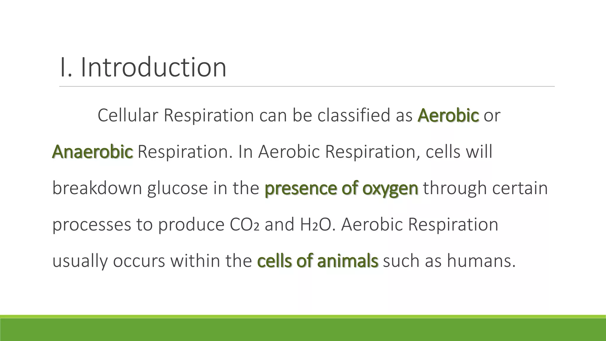 I. Introduction
     Cellular Respiration can be classified as Aerobic or
Anaerobic Respiration. In Aerobic Respiration, cells will
breakdown glucose in the presence of oxygen through certain
processes to produce CO2 and H2O. Aerobic Respiration
usually occurs within the cells of animals such as humans.
 