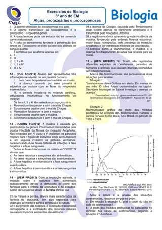 BiologiaExercícios de Biologia
3º ano do EM
Algas, protozoários e protozoonoses
I. O agente etiológico da toxoplasmose é o gato.
II. O agente transmissor da toxoplasmose é o
protozoário Toxoplasma gondii.
III. A toxoplasmose pode ser evitada não se comendo
carne malpassada.
IV. A falta de saneamento favorece a penetração das
larvas do Toxoplasma através da pele dos animais de
sangue quente.
É correto o que se afirma apenas em
a) II .
b) III .
c) I , II e III.
d) I , II e IV.
e) III e IV.
12 - (PUC SP/2012) Abaixo são apresentadas três
informações a respeito de um parasita humano:
I. tem como hospedeiro intermediário um inseto;
II. a doença causada por esse parasita é
adquirida por contato com as fezes do hospedeiro
intermediário;
III. o parasita instala-se no músculo cardíaco,
provocando insuficiência no funcionamento do
coração.
Os itens I, II e III têm relação com o protozoário
a) Plasmodium falciparum e com o mal de Chagas.
b) Trypanosoma cruzi e com o mal de Chagas.
c) Plamodium falciparum e com a malária.
d) Trypanosoma cruzi e com a malária.
e) Leishmania brasiliensis e com o mal de Chagas.
13 - (UNIRG TO/2012) A malária é causada por
protozoários do gênero Plasmodium transmitidos pela
picada infectada da fêmea do mosquito Anopheles.
Nas infecções por P. vivax e P. malariae, os parasitos
migram para o fígado do indivíduo onde se multiplicam
e, em seguida invadem os glóbulos vermelhos,
caracterizando duas fases distintas da infecção, a fase
hepática e a fase sanguínea.
Sobre as fases infecciosas da malária é CORRETO
afirmar que:
a) As fases hepática e sanguínea são sintomáticas.
b) As fases hepática e sanguínea são assintomáticas.
c) A fase hepática é sintomática e a fase sanguínea é
assintomática.
d) A fase hepática é assintomática e a fase sanguínea
é sintomática.
14 - (UEM PR/2012) Com a revolução agrícola, o
impacto sobre a natureza tem aumentado
gradativamente devido à derrubada de parte das
florestas para a prática da agricultura e da pecuária.
Como consequência disso, é correto afirmar que
01.no Paraná a peroba, árvore mais característica da
floresta de araucária, tem sido explorada para
obtenção de madeira para a construção de casas.
02.o surgimento das cidades, o acelerado crescimento
demográfico e a exploração dos recursos naturais
causaram impactos ambientais desastrosos.
04.a doença de Chagas, causada pelo Trypanosoma
cruzi, ocorre apenas no continente americano e é
transmitida pelo mosquito Lutzomia.
08.a região amazônica apresenta grande incidência de
malária, favorecida pela extensa floresta equatorial,
maior bacia hidrográfica, pela presença do mosquito
Anopheles e por estratégias federais de colonização.
16.doenças como a leishmaniose, a malária e a
doença de Chagas foram levadas das cidades para as
matas.
15 - (UEG GO/2012) No Brasil, são registradas
diferentes espécies de Leishmania, parasitas de
humanos e animais, que causam doenças conhecidas
como leishmanioses.
Acerca das leishmanioses, são apresentadas duas
situações para análise.
Situação 1
“Leishmaniose deixa Goiânia em alerta. Em menos de
um mês 13 cães foram contaminados na capital.
Secretaria Municipal de Saúde investiga o avanço da
doença”.
Disponível em: <http://g1.globo.com/brasil/notícia/2011/07/
leishmaniose-deixa-goiania-em-alerta.html>. Acesso em: 30 set.
2011.
Situação 2
Representação gráfica do efeito das medidas
profiláticas no controle das leishmanioses humana e
canina no Vale do Rio Doce, MG, Brasil, no período de
1965 a 1978.
MAGALHÃES et al. Rev. Brás.
de Med. Trop. São Paulo, 22: 197-202, 1980 apud NEVES, D. P.
Parasitologia humana. 11. ed. São Paulo: Editora Atheneu, 2010.
Após a leitura e a análise das situações
apresentadas, responda ao que se pede.
a) Em relação à situação 1, qual o papel do cão no
ciclo da leishmaniose?
b) O efeito das medidas profiláticas foi satisfatório no
controle dos casos de leishmaniose, segundo a
situação 2? Justifique.
 