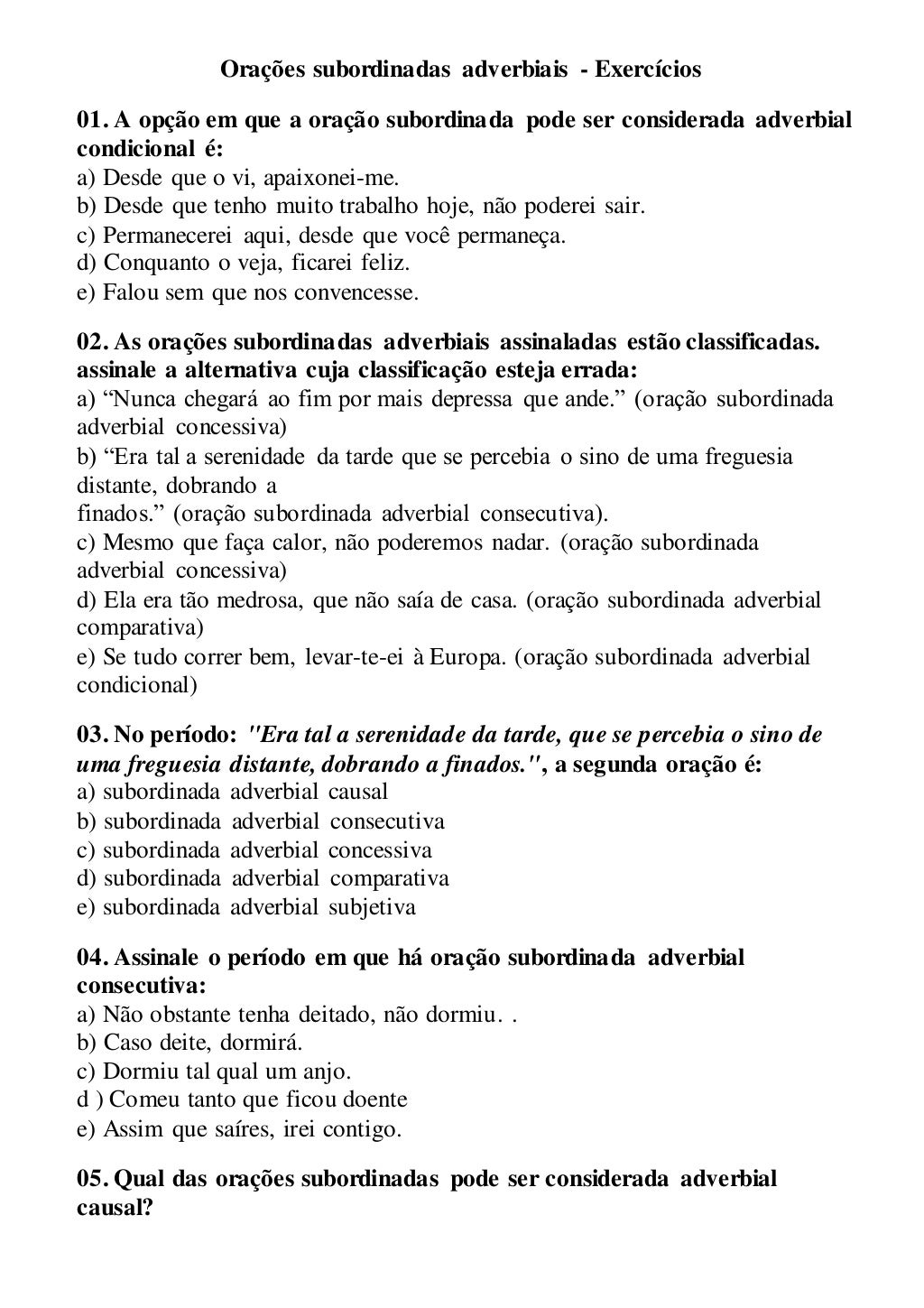 Exercicios De Oração Subordinada Adverbial - YaLearn