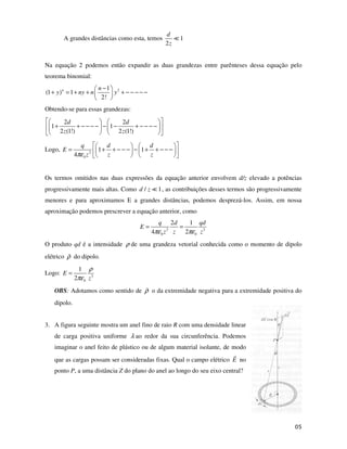 A grandes distâncias como esta, temos 1
2
d
z
Na equação 2 podemos então expandir as duas grandezas entre parênteses dessa equação pelo
teorema binomial:
2
1
(1 ) 1
2!
n n
y ny n y
−
+ = + + + − − − − −
Obtendo-se para essas grandezas:
2 2
1 1
2 (1!) 2 (1!)
d d
z z
+ + − − − − − − + − − − −
Logo, 2
0
1 1
4
q d d
E
z z z
πε
= + + − − − − + + − − −
Os termos omitidos nas duas expressões da equação anterior envolvem d/z elevado a potências
progressivamente mais altas. Como / 1
d z , as contribuições desses termos são progressivamente
menores e para aproximamos E a grandes distâncias, podemos desprezá-los. Assim, em nossa
aproximação podemos prescrever a equação anterior, como
2 3
0 0
2 1
4 2
q d qd
E
z z z
πε πε
= =
O produto qd é a intensidade ρ de uma grandeza vetorial conhecida como o momento de dipolo
elétrico ρ do dipolo.
Logo: 3
0
1
2
E
z
ρ
πε
=
OBS: Adotamos como sentido de ρ o da extremidade negativa para a extremidade positiva do
dipolo.
3. A figura seguinte mostra um anel fino de raio R com uma densidade linear
de carga positiva uniforme λ ao redor da sua circunferência. Podemos
imaginar o anel feito de plástico ou de algum material isolante, de modo
que as cargas possam ser consideradas fixas. Qual o campo elétrico E no
ponto P, a uma distância Z do plano do anel ao longo do seu eixo central?
 