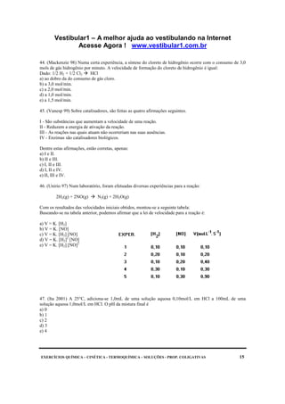 Vestibular1 – A melhor ajuda ao vestibulando na Internet
Acesse Agora ! www.vestibular1.com.br
EXERCÍCIOS QUÍMICA – CINÉTICA - TERMOQUÍMICA – SOLUÇÕES - PROP. COLIGATIVAS 15
44. (Mackenzie 98) Numa certa experiência, a síntese do cloreto de hidrogênio ocorre com o consumo de 3,0
mols de gás hidrogênio por minuto. A velocidade de formação do cloreto de hidrogênio é igual:
Dado: 1/2 H2 + 1/2 Cl2 HCl
a) ao dobro da do consumo de gás cloro.
b) a 3,0 mol/min.
c) a 2,0 mol/min.
d) a 1,0 mol/min.
e) a 1,5 mol/min.
45. (Vunesp 99) Sobre catalisadores, são feitas as quatro afirmações seguintes.
I - São substâncias que aumentam a velocidade de uma reação.
II - Reduzem a energia de ativação da reação.
III - As reações nas quais atuam não ocorreriam nas suas ausências.
IV - Enzimas são catalisadores biológicos.
Dentre estas afirmações, estão corretas, apenas:
a) I e II.
b) II e III.
c) I, II e III.
d) I, II e IV.
e) II, III e IV.
46. (Unirio 97) Num laboratório, foram efetuadas diversas experiências para a reação:
2H2(g) + 2NO(g) N2(g) + 2H2O(g)
Com os resultados das velocidades iniciais obtidos, montou-se a seguinte tabela:
Baseando-se na tabela anterior, podemos afirmar que a lei de velocidade para a reação é:
a) V = K. [H2]
b) V = K. [NO]
c) V = K. [H2] [NO]
d) V = K. [H2]2
[NO]
e) V = K. [H2] [NO]2
47. (Ita 2001) A 25°C, adiciona-se 1,0mL de uma solução aquosa 0,10mol/L em HCl a 100mL de uma
solução aquosa 1,0mol/L em HCl. O pH da mistura final é
a) 0
b) 1
c) 2
d) 3
e) 4
 
