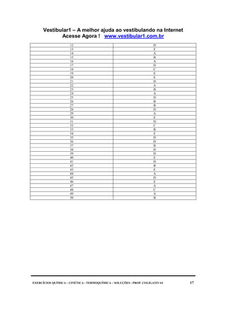 Vestibular1 – A melhor ajuda ao vestibulando na Internet
Acesse Agora ! www.vestibular1.com.br
EXERCÍCIOS QUÍMICA – CINÉTICA - TERMOQUÍMICA – SOLUÇÕES - PROP. COLIGATIVAS 17
12 D
13 E
14 A
15 B
16 A
17 D
18 C
19 E
20 E
21 D
22 A
23 B
24 A
25 D
26 B
27 B
28 D
29 A
30 E
31 D
32 C
33 B
34 E
35 D
36 D
37 B
38 D
39 D
40 E
41 D
42 B
43 E
44 A
45 D
46 E
47 A
48 C
49 A
50 B
 