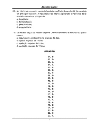 Apostilas Exitus
18
69) No interior de um navio mercante brasileiro, no Porto de Amsterdã, foi cometido
um crime por brasileiro. A Holanda não se interessa pelo fato. a incidência da lei
brasileira decorre do principio da:
a) legalidade;
b) territorialidade;
c) personalidade;
d) especialidade.
70) Da decisão de juiz do Juizado Especial Criminal que rejeita a denúncia ou queixa
caberá:
a) recurso em sentido estrito no prazo de 10 dias.
b) agravo no prazo de 10 dias.
c) apelação no prazo de 5 dias.
d) apelação no prazo de 10 dias.
GABARITO
01. B
02. D
03. A
04. A
05. C
06. B
07. C
08. D
09. D
10. C
11. D
12. B
13. B
14. D
15. D
16. B
17. A
18. A
19. B
20. D
21. B
22. C
23. A
 