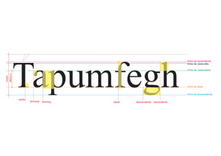 Tapumfegh linha de descendente
linha de base
linha da caixa-baixa
linha da caixa-alta
linha da ascendente
alturax
corpo
serifa
terminal kerning haste descendente ascendente
 